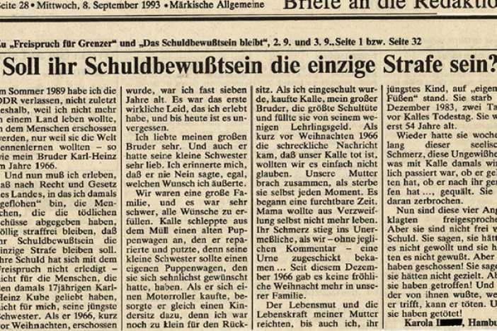 Brief der Schwester von Karl-Heinz Kube zum Freispruch für den Todesschützen ihres Bruders (Märkische Allgemeine Zeitung, 8. September 1993)