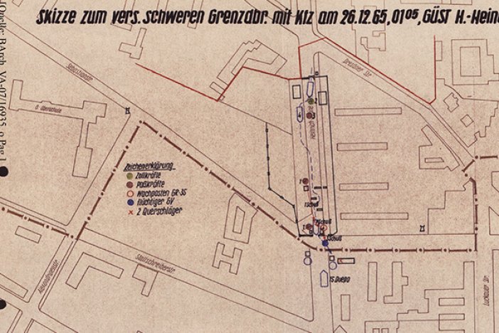 Heinz Schöneberger: Tatortskizze der DDR-Grenztruppen zum Grenzvorfall, 26. Dezember 1965