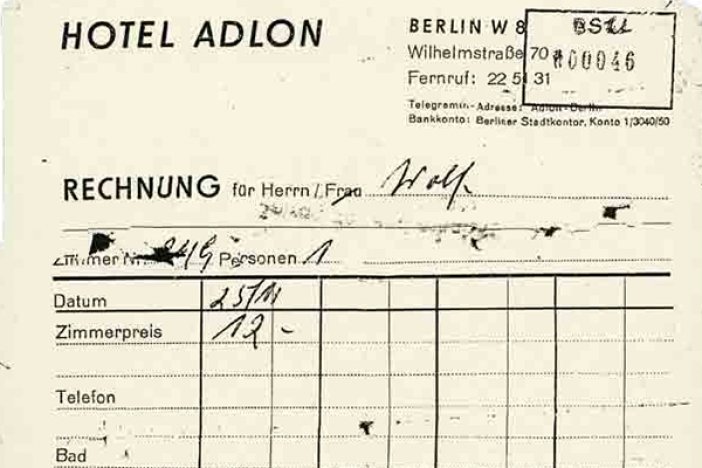 Hans-Joachim Wolf: Übernachtungs-Rechnung vom Hotel Adlon, 25. November 1964 Hans-Joachim Wolf: Übernachtungs-Rechnung vom Hotel Adlon, 25. November 1964