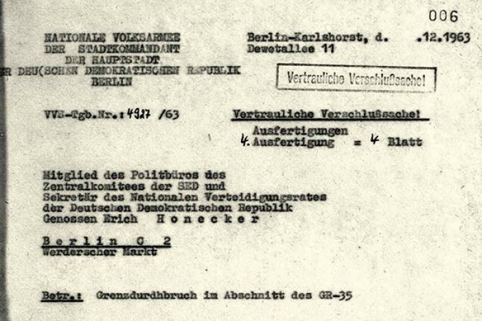 Bericht des NVA-Stadtkommandanten Poppe an Erich Honecker über den Fluchtversuch von Paul Schultz, 27. Dezember 1963 Bericht des NVA-Stadtkommandanten Poppe an Erich Honecker über den Fluchtversuch von Paul Schultz, 27. Dezember 1963
