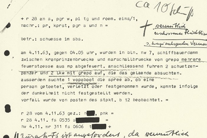 Funksprüche der West-Berliner Polizei zum Fluchtversuch und zur Bergung von Klaus Schröter, 4. November 1963 Funksprüche der West-Berliner Polizei zum Fluchtversuch und zur Bergung von Klaus Schröter, 4. November 1963