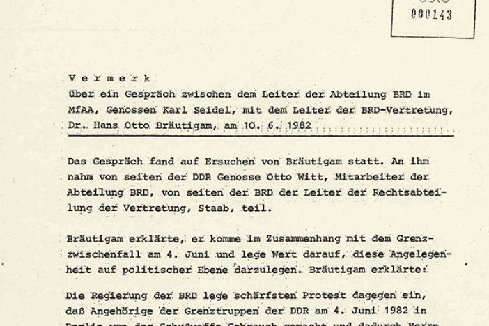 Lothar Fritz Freie: Vermerk des DDR-Außenministeriums über ein Gespräch mit dem Ständigen Vertreter der Bundesrepublik, 10. Juni 1982 Lothar Fritz Freie: Vermerk des DDR-Außenministeriums über ein Gespräch mit dem Ständigen Vertreter der Bundesrepublik, 10. Juni 1982