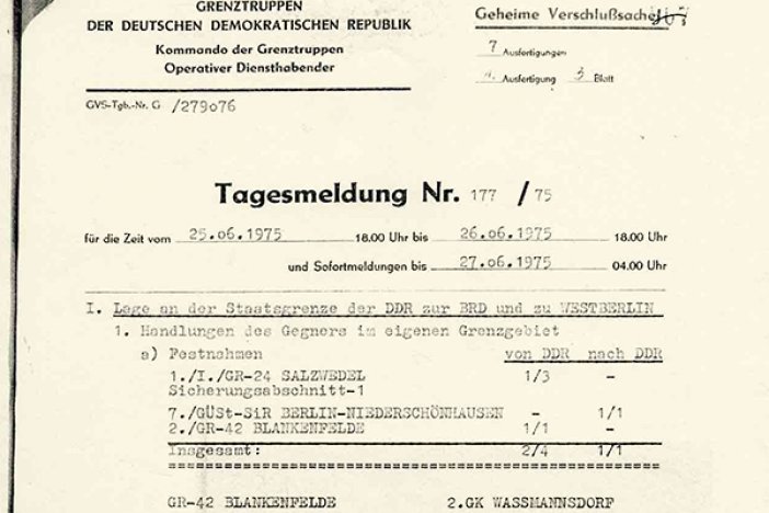 Tagesmeldung der DDR-Grenztruppen zum Fluchtversuch und zur Erschießung von Herbert Kiebler, 27. Juni 1975 Tagesmeldung der DDR-Grenztruppen zum Fluchtversuch und zur Erschießung von Herbert Kiebler, 27. Juni 1975