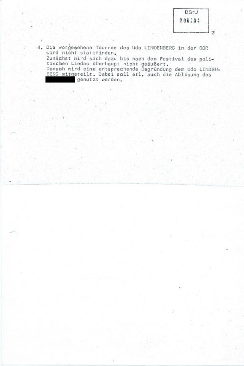 MfS-Information über Tourneen von BAP und Udo Lindenberg in der DDR; 16.1.1984