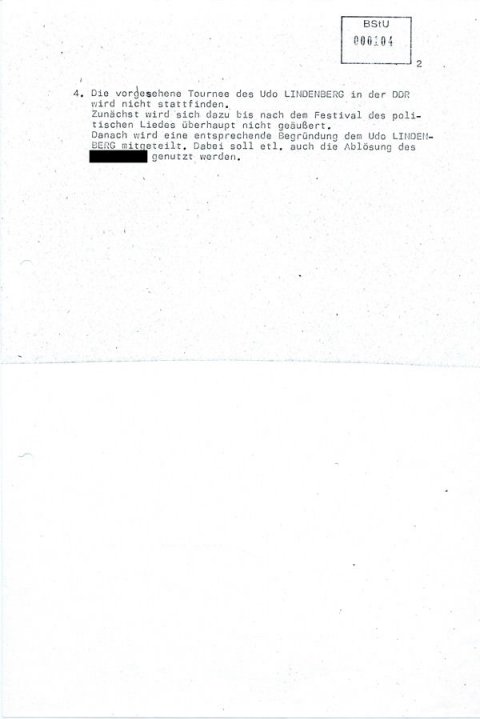 MfS-Information über Tourneen von BAP und Udo Lindenberg in der DDR; 16.1.1984