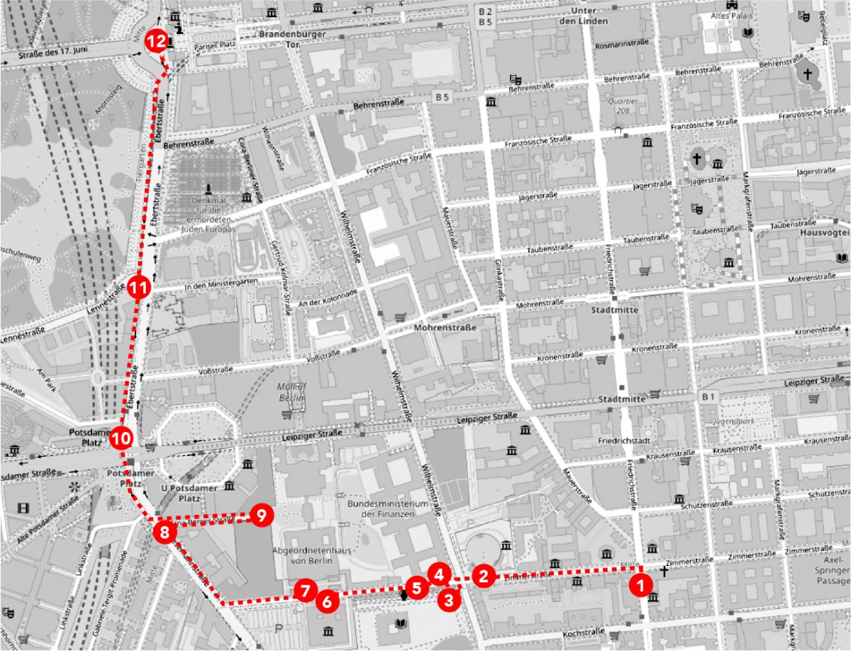 Ausschnitt des Berliner Stadtplanes in schwarzwei&szlig;. Die Tour ist mit roten Nummer eingezeichnet von eins bis Zw&ouml;lf.