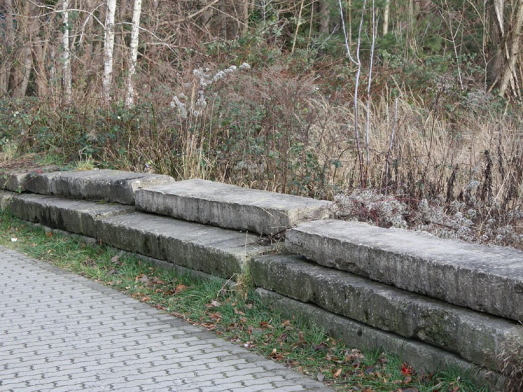 Betonplatten der 3. Generation der Mauer als Sperrmaterial auf dem Kolonnenweg der DDR-Grenztruppen zwischen Mahlow-Waldblick und Berlin-Lichtenrade (2); Aufnahme 2015