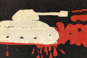 Zeichnung eines weißen Panzers auf schwarzem Grund, der über den roten Schriftzug Solidarnosc fährt.