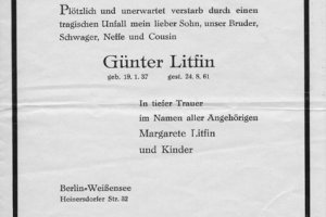 Günter Litfin, erschossen im Berliner Grenzgewässer: Todesanzeige, 1961