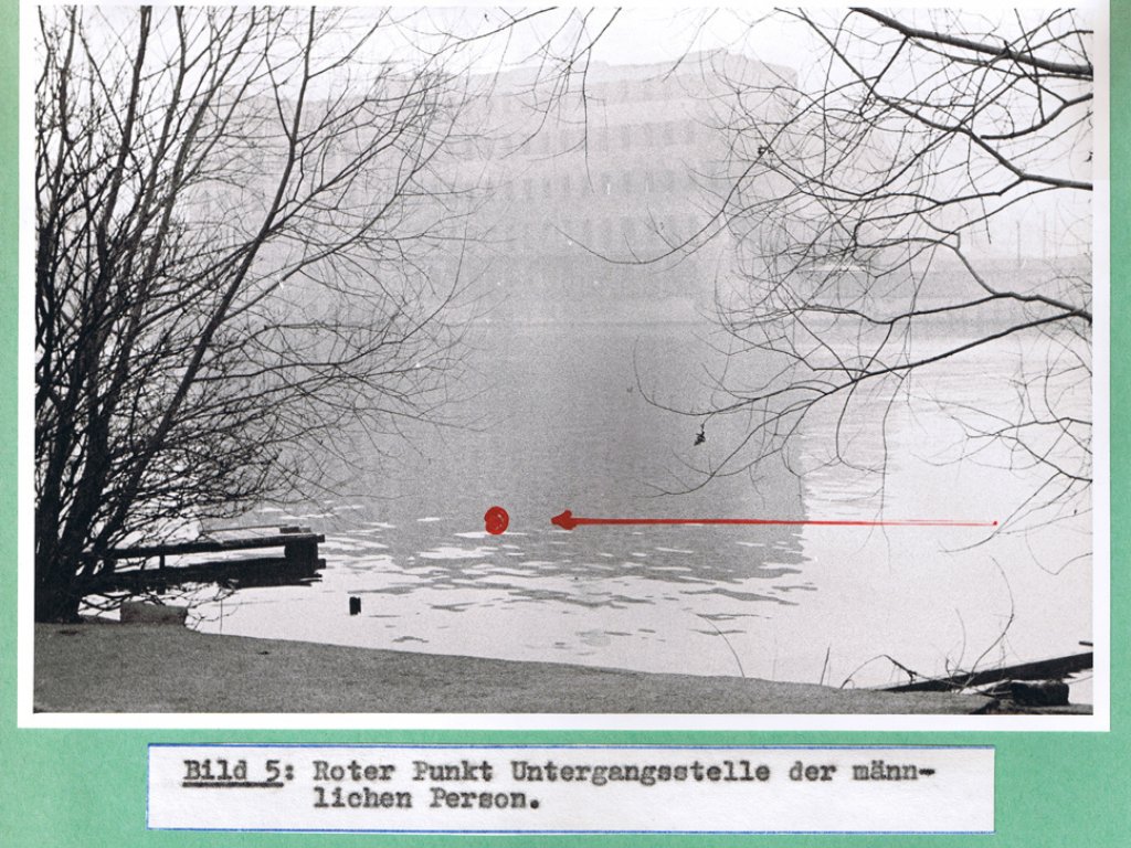 Unidentified fugitive, drowned in the Berlin border waters: West Berlin police photo of the site where the fugitive went under in the Spree between Berlin-Friedrichshain and Berlin-Kreuzberg [Jan. 19, 1965]