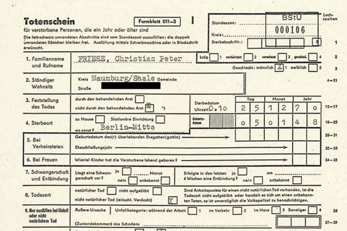 Christian Peter Friese: Totenschein vom 25. Dezember 1970 mit gefälschtem Sterbeort  Christian Peter Friese: Totenschein vom 25. Dezember 1970 mit gefälschtem Sterbeort