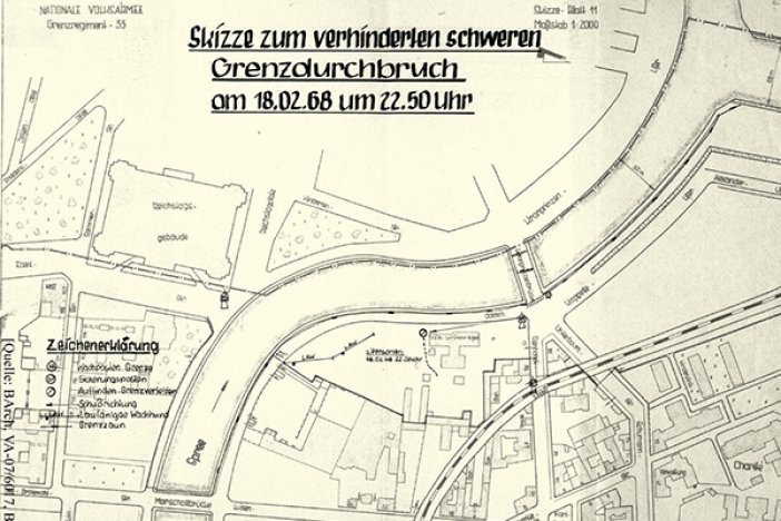 Tatortskizze der DDR-Grenztruppen zum Fluchtversuch von Elke und Dieter Weckeiser, 18. Februar 1968