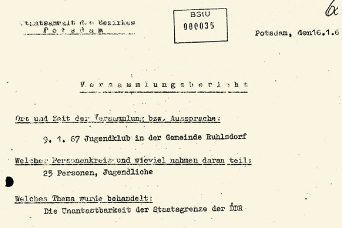 Bericht der Staatsanwaltschaft Potsdam zu Diskussionen von Ruhlsdorfer Jugendlichen über die Erschießung von Karl-Heinz Kube, 16. Januar 1967  Bericht der Staatsanwaltschaft Potsdam zu Diskussionen von Ruhlsdorfer Jugendlichen über die Erschießung von Karl-Heinz Kube, 16. Januar 1967