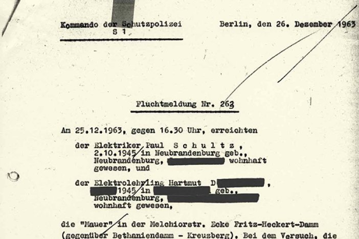 Meldung der West-Berliner Schutzpolizei über den Fluchtversuch von Paul Schultz, 26. Dezember 1963 Meldung der West-Berliner Schutzpolizei über den Fluchtversuch von Paul Schultz, 26. Dezember 1963