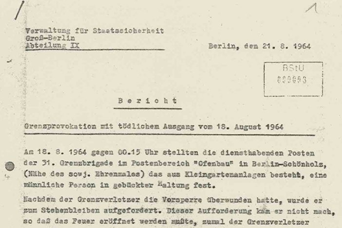 MfS-Bericht über den Fluchtversuch und die Erschießung von Wernhard Mispelhorn, 21. August 1964 MfS-Bericht über den Fluchtversuch und die Erschießung von Wernhard Mispelhorn, 21. August 1964