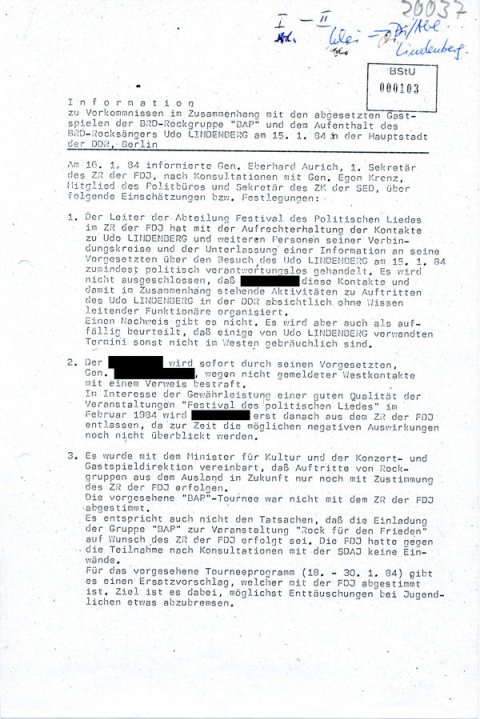 MfS-Information über Tourneen von BAP und Udo Lindenberg in der DDR; 16.1.1984