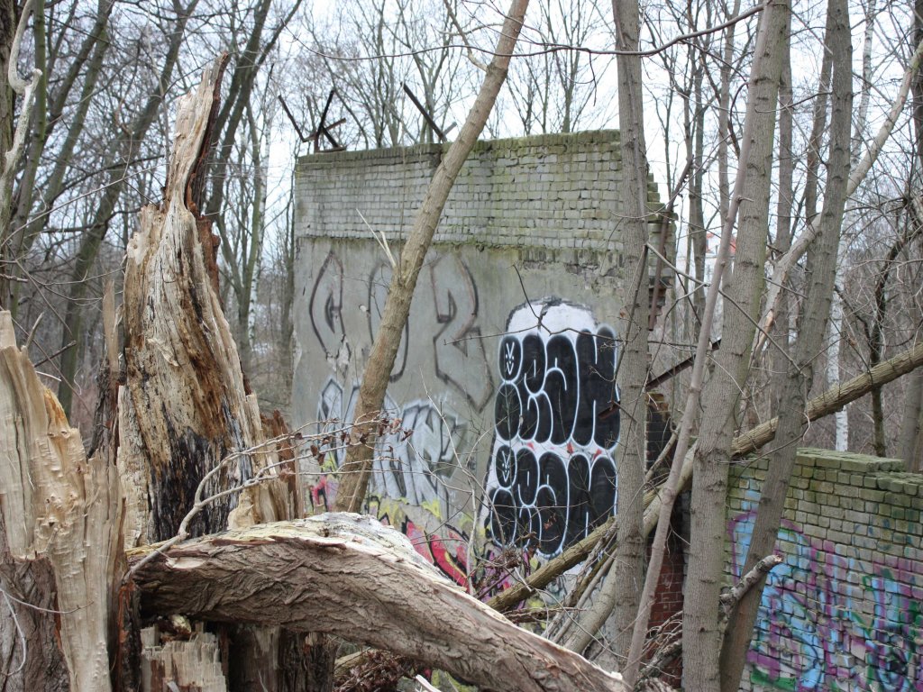 Aufgemauerte Ziegelgebäudewand mit Y-Abweisern als Teil der frühen Sperranlagen zwischen Pankow und Reinickendorf (Foto 4)