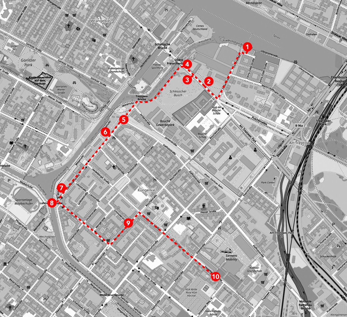 Ausschnitt des Berliner Stadtplanes in schwarzwei&szlig;. Die Tour ist mit roten Nummern eingezeichnet von eins bis zehn.
