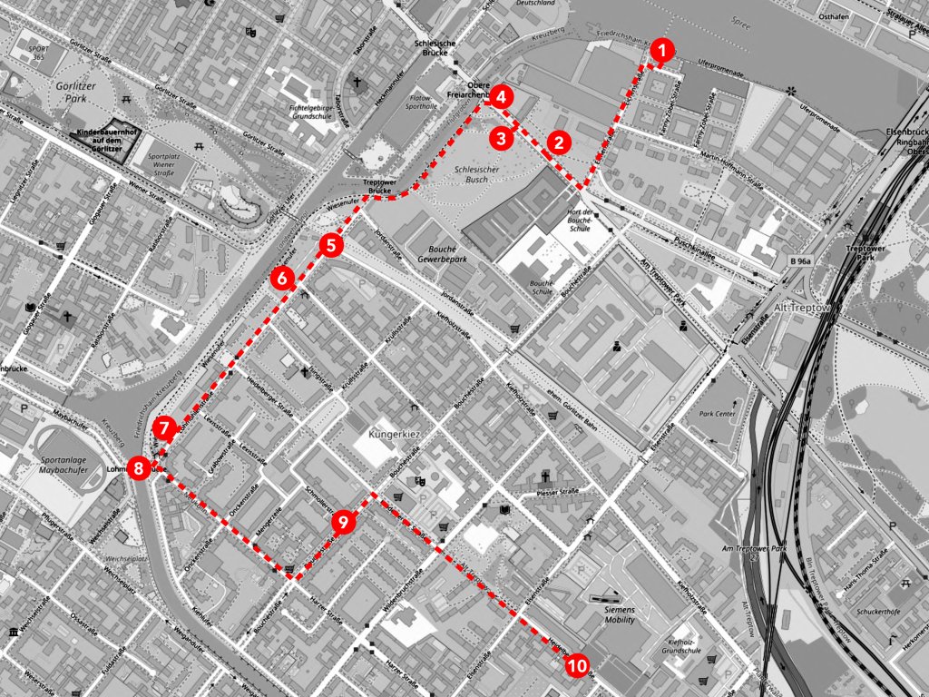 Ausschnitt des Berliner Stadtplanes in schwarzweiß. Die Tour ist mit roten Nummern eingezeichnet von eins bis zehn.