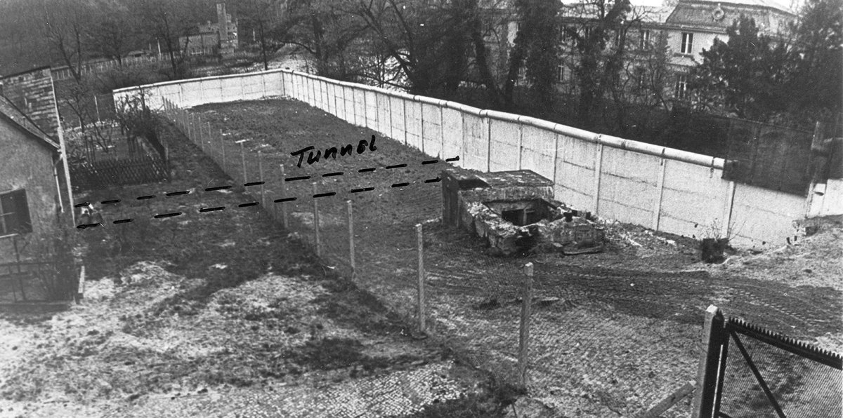 Vogelperspektive auf den Grenzstreifen von DDR-Seite aus. Links ein Teil eines Hauses. Davon ausgehend sind zwei gestrichelte Linien auf das Foto gemalt, die bis zur weißen Grenzmauer rechts gehen und beschriftet sind mit: Tunnel.