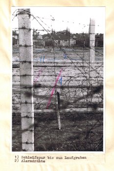 Horst Frank, erschossen an der Berliner Mauer: Tatortfoto der West-Berliner Polizei von den Grenzanlagen und eingezeichneten Spuren vom Fluchtversuch zwischen Pankow und Reinickendorf, 29. April 1962