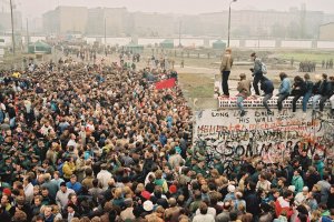 East and West Berliners at the new border crossing Potsdam Square, 12 November 1989