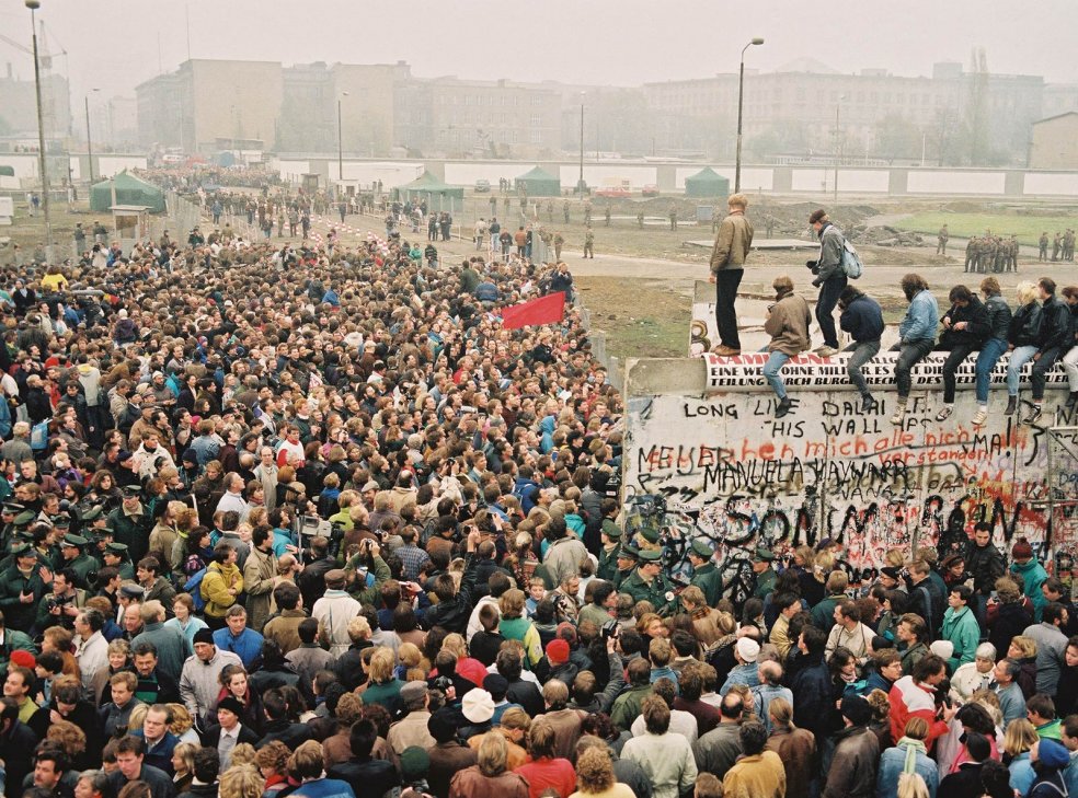 East and West Berliners at the new border crossing Potsdam Square, 12 November 1989