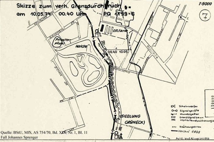 Johannes Sprenger: Tatortskizze der DDR-Grenztruppen, 10. Mai 1974  Johannes Sprenger: Tatortskizze der DDR-Grenztruppen, 10. Mai 1974