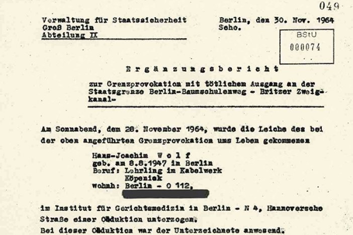 MfS-Bericht zum Fluchtversuch von Hans-Joachim Wolf, 30. November 1964 MfS-Bericht zum Fluchtversuch von Hans-Joachim Wolf, 30. November 1964