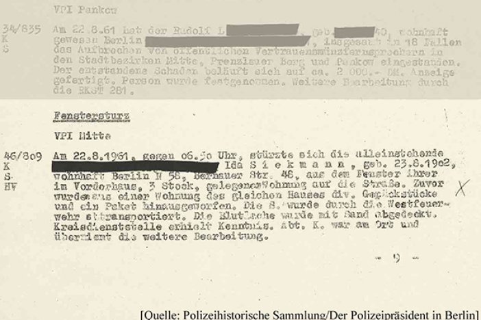 Meldung der Ost-Berliner Volkspolizei über den Fluchtversuch von Ida Siekmann, 23. August 1961 Meldung der Ost-Berliner Volkspolizei über den Fluchtversuch von Ida Siekmann, 23. August 1961