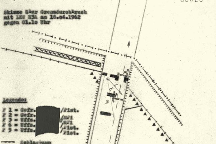 Klaus Brueske: Tatort-Skizze der DDR-Grenzpolizei zum Fluchtversuch, 18. April 1962 Klaus Brueske: Tatort-Skizze der DDR-Grenzpolizei zum Fluchtversuch, 18. April 1962