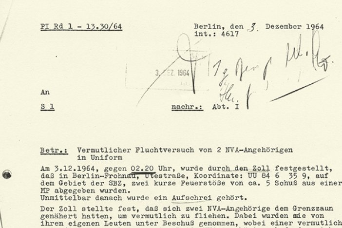 Bericht der West-Berliner Polizei über den Fluchtversuch und die Erschießung von Joachim Mehr, 3. Dezember 1964 Bericht der West-Berliner Polizei über den Fluchtversuch und die Erschießung von Joachim Mehr, 3. Dezember 1964
