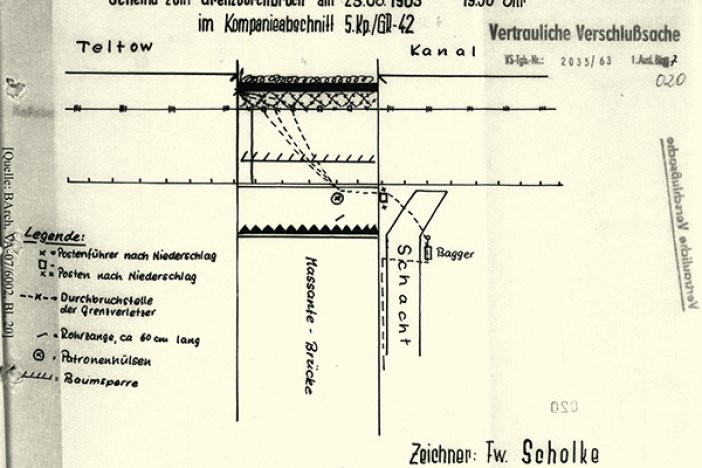 Siegfried Widera: Tatortskizze der DDR-Grenztruppen, 24. August 1963 Siegfried Widera: Tatortskizze der DDR-Grenztruppen, 24. August 1963