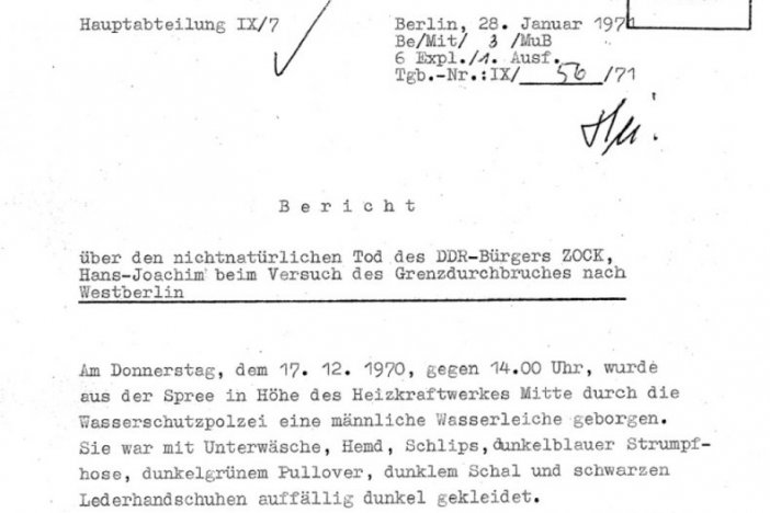 Hans-Joachim Zock, ertrunken im Berliner Grenzgewässer: MfS-Bericht über den Fluchtversuch, 28. Januar 1971