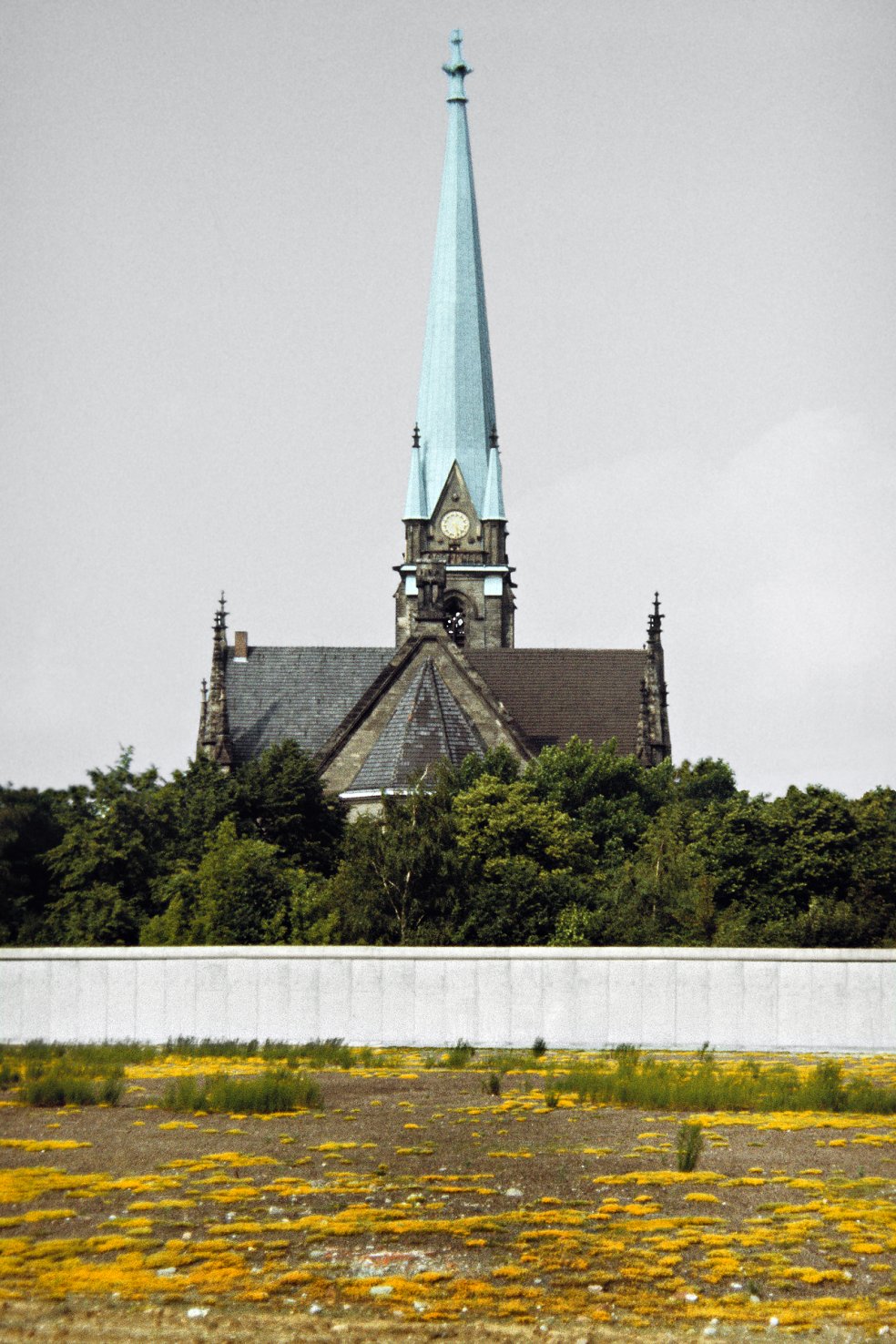 Auf dem Grenzstreifen im Vordergrund blühen gelbe Lupinen. Dahinter ist ein Stück Berliner Mauer zu sehen und im Hintergrund steht die Sanktsebastiankirche.