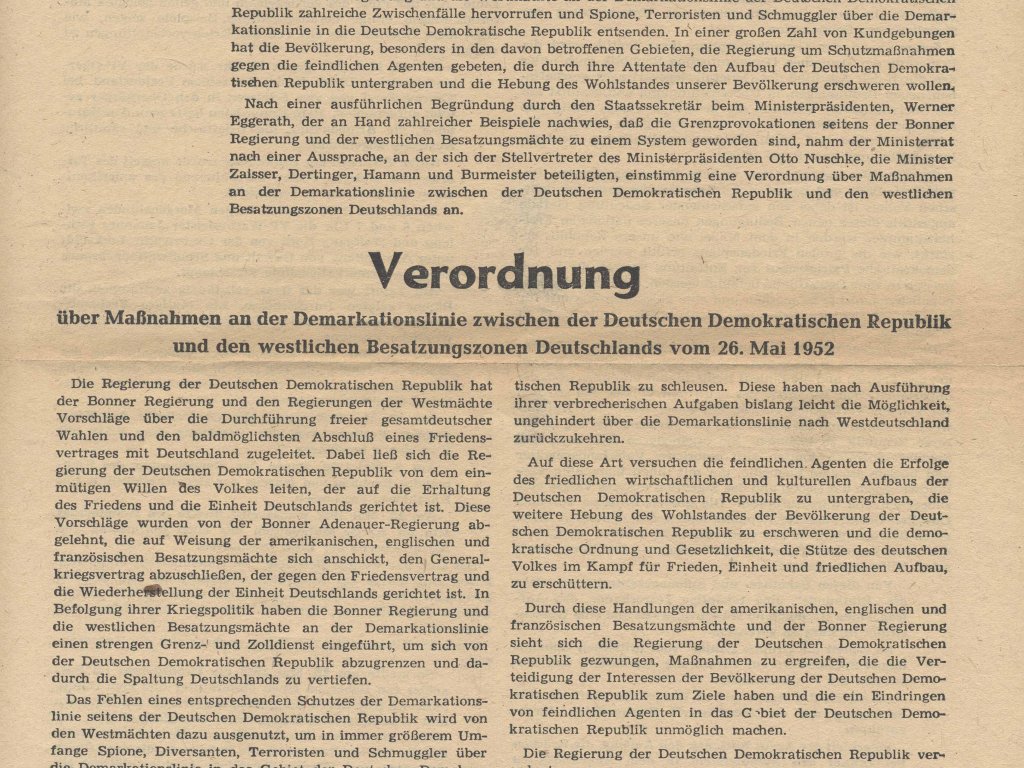 Verordnung über Maßnahmen an der Demarkationslinie zwischen der DDR und der Bundesrepublik; 26. Mai 1952