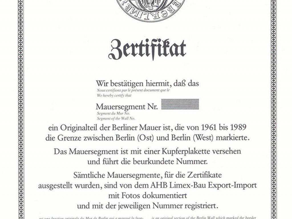 Echtheits-Zertifikat des VEB Limex-Bau Import-Export für Original-Segmente der Berliner Mauer, Juni 1990