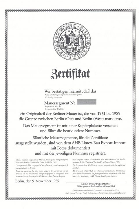 Echtheits-Zertifikat des VEB Limex-Bau Import-Export für Original-Segmente der Berliner Mauer, Juni 1990