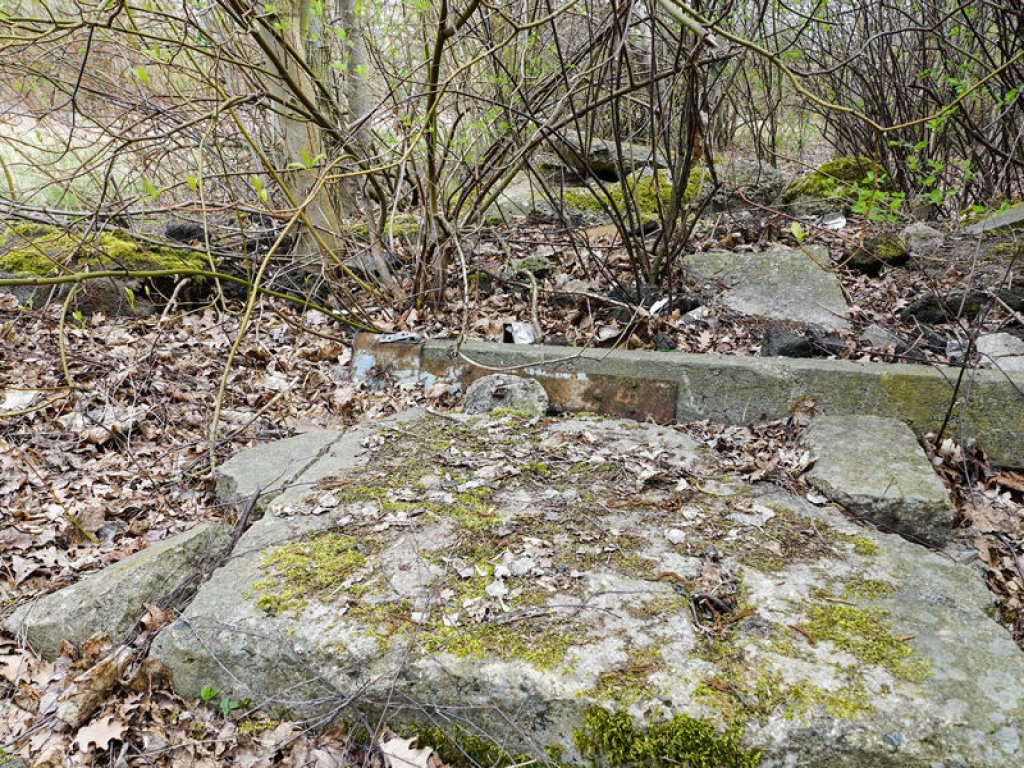Mauer-Betonreste im Todesstreifen südlich des Friedhofs Pankow VII in Wilhelmsruh; Aufnahme 2015