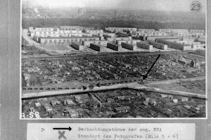 Jörg Hartmann, erschossen an der Berliner Mauer: Aufnahme der West-Berliner Polizei vom Grenzgebiet zwischen Berlin-Neukölln und Berlin-Treptow mit eingezeichnetem Schussverlauf, 14. März 1966