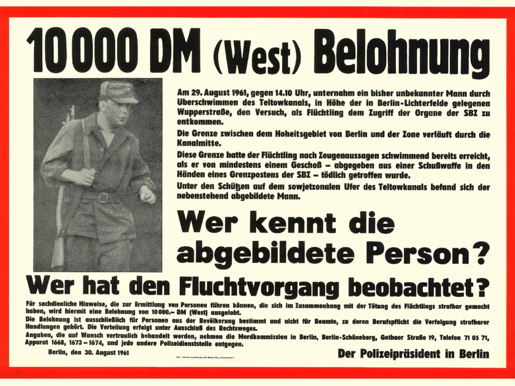 Roland Hoff, shot dead in the Berlin border waters: West Berlin wanted poster, Aug. 30, 1961