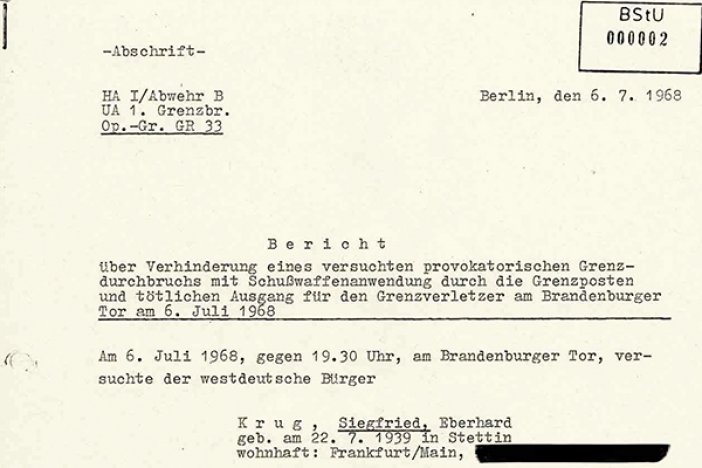 Siegfried Krug: MfS-Bericht über die Erschießung, 6. Juli 1968 Siegfried Krug: MfS-Bericht über die Erschießung, 6. Juli 1968