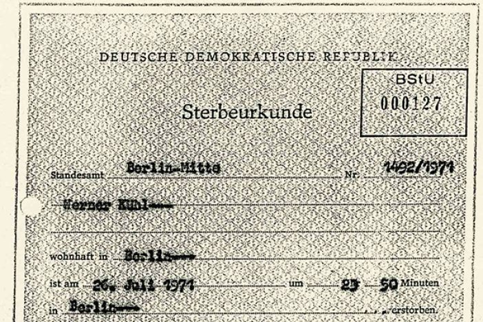 Werner Kühl: Sterbeurkunde vom 26. August 1971 mit gefälschtem Todesdatum  Werner Kühl: Sterbeurkunde vom 26. August 1971 mit gefälschtem Todesdatum