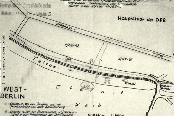 Tatortskizze der DDR-Grenztruppen zum vermeintlichen Fluchtversuch von Dieter Berger, 13. Dezember 1963 Tatortskizze der DDR-Grenztruppen zum vermeintlichen Fluchtversuch von Dieter Berger, 13. Dezember 1963