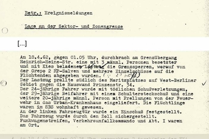 Klaus Brueske: Ereignismeldung der West-Berliner Polizei, 18. April 1962 Klaus Brueske: Ereignismeldung der West-Berliner Polizei, 18. April 1962
