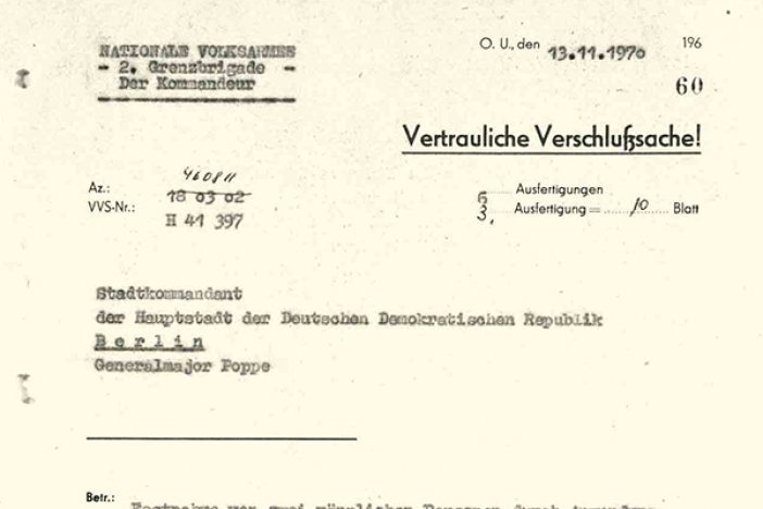 Bericht der DDR-Grenztruppen über die Schüsse auf Helmut Kliem und Bernhard P., 13. November 1970 Bericht der DDR-Grenztruppen über die Schüsse auf Helmut Kliem und Bernhard P., 13. November 1970