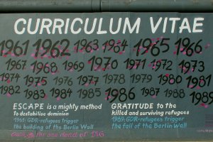 Foto des Kunstwerks. Unter dem Titel und den Jahreszahlen von 1961 bis 1989 steht: Escape is a mighty method to destabilise dominion. Gratitude to the killed and surviving refugees. 1961: GDR refugees trigger the building of the Berlin Wall. 1989: GDR refugees trigger the fall of the Berlin Wall. Each rose for one dead of 136.