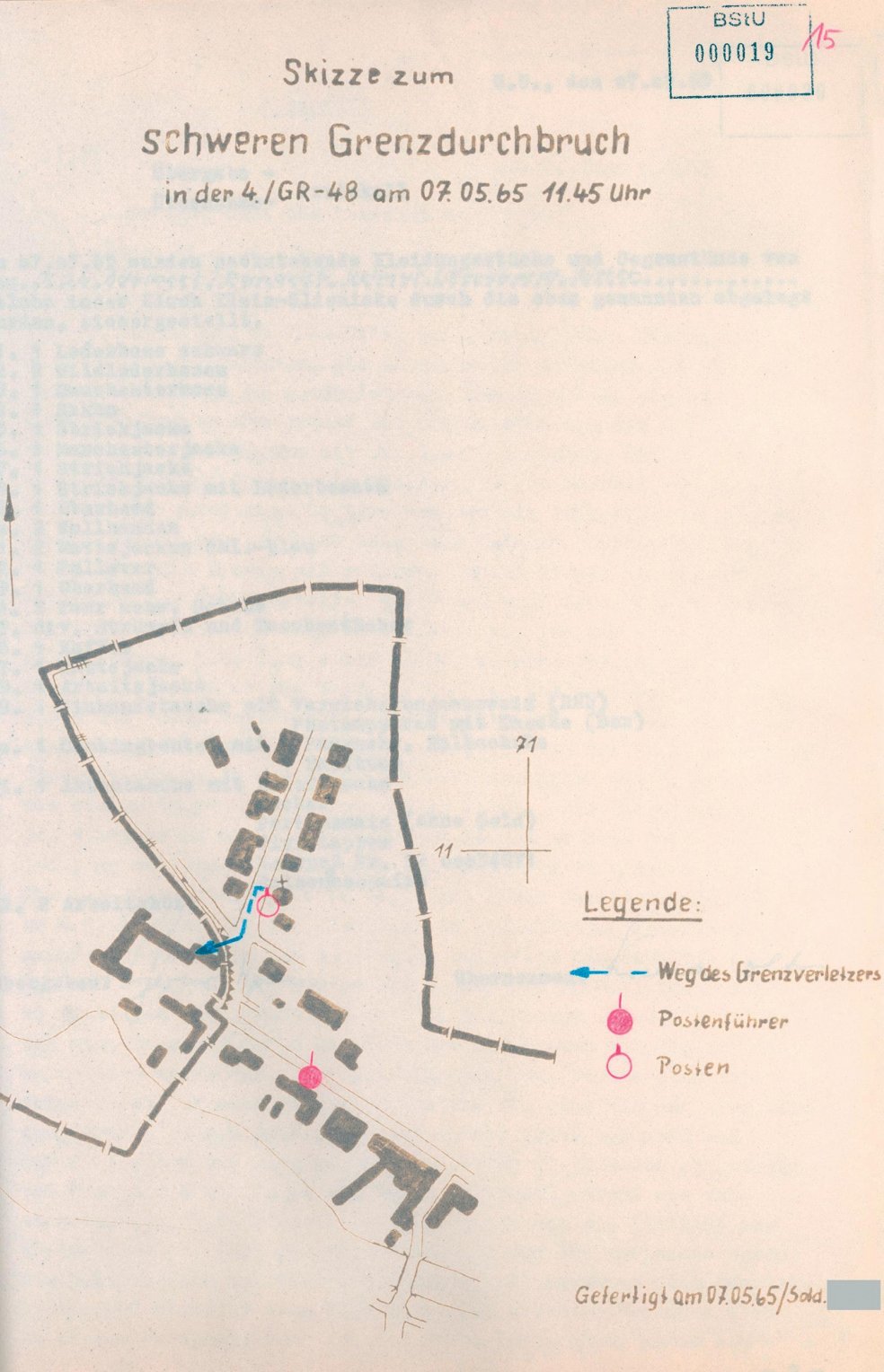 Fluchtskizze der Stasi: Dachdecker-Flucht von Klein Glienicke in den West-Berliner Bezirk Zehlendorf, 7. Mai 1965
