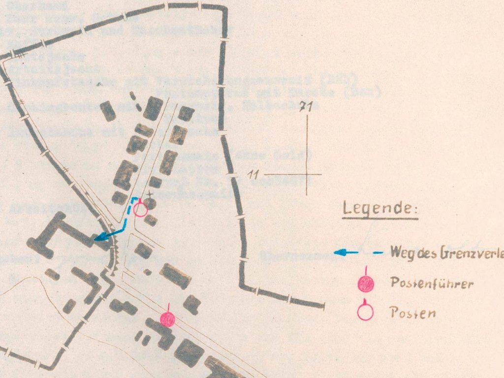 Fluchtskizze der Stasi: Dachdecker-Flucht von Klein Glienicke in den West-Berliner Bezirk Zehlendorf, 7. Mai 1965