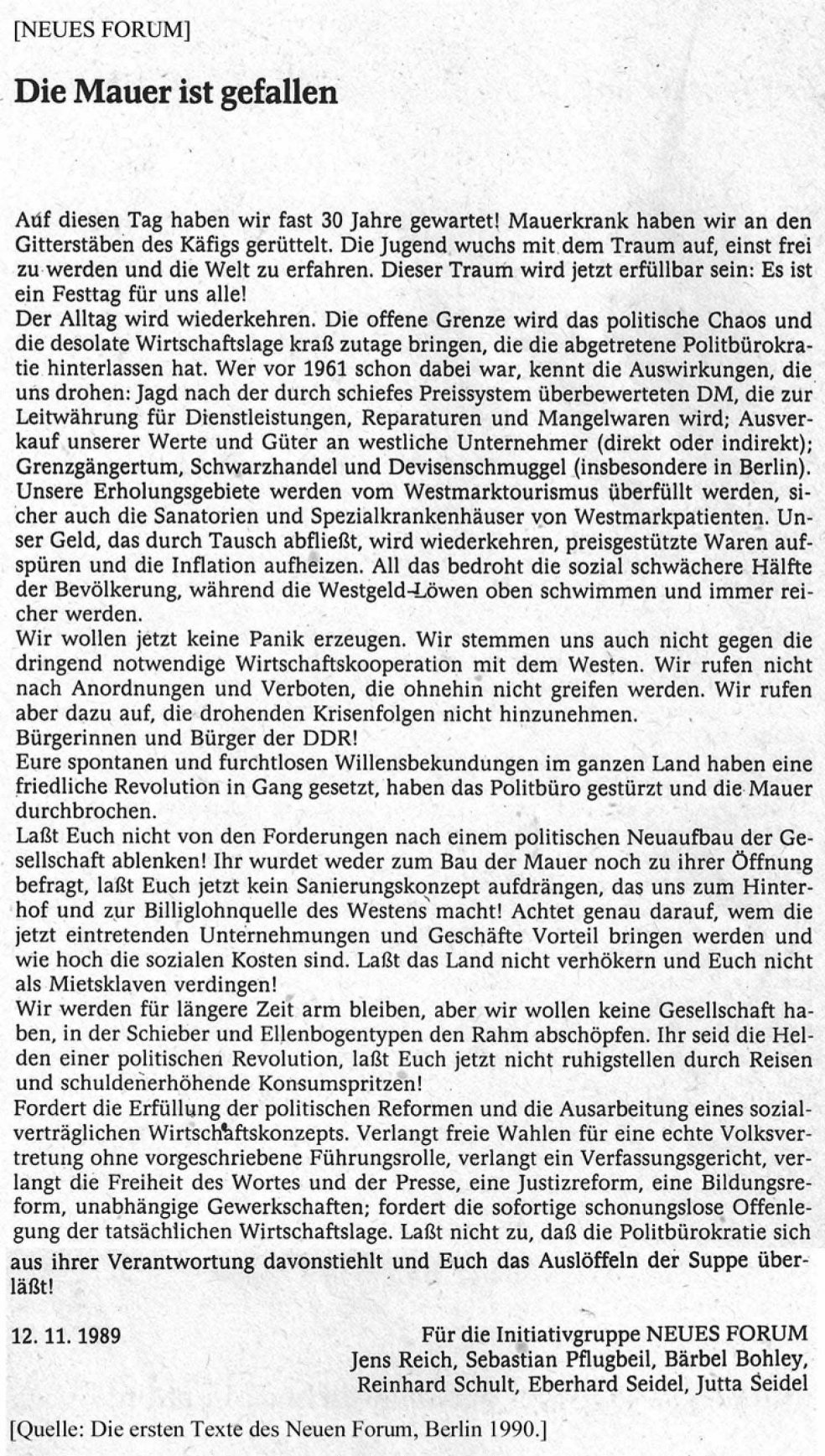 Statement by Neues Forum on the fall of the Wall, 12 November 1989
